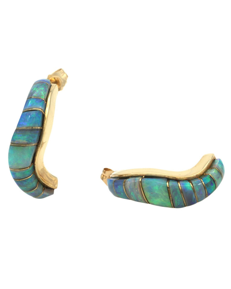 Opal Inlay S Curve Earrings in Yellow Gold