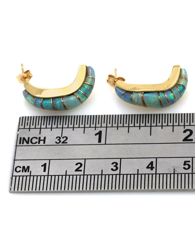 Opal Inlay S Curve Earrings in Yellow Gold