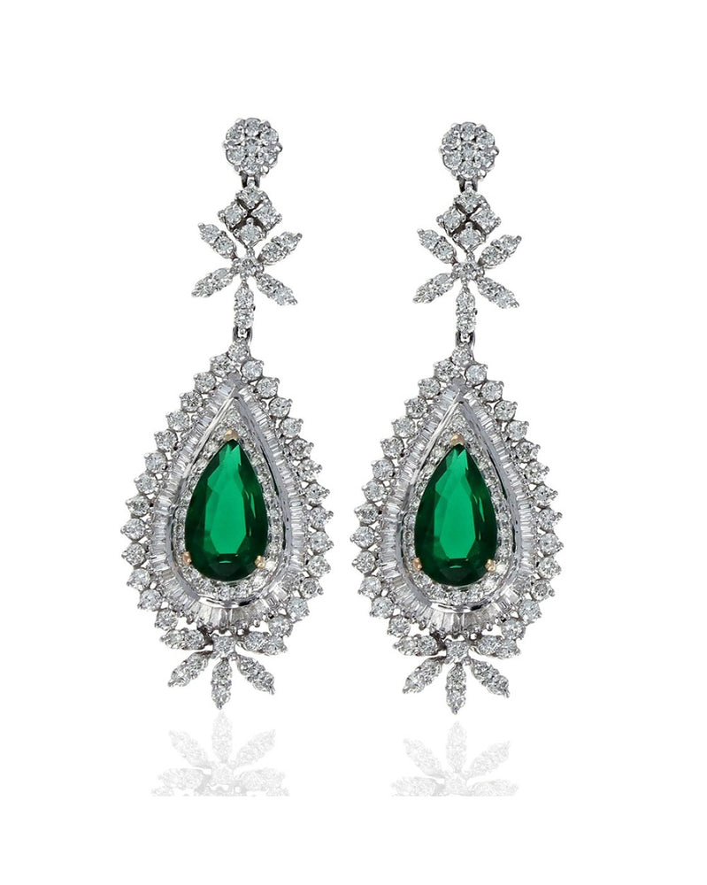 Synthetic Emerald and Diamond Floral Accent Dangle Earrings