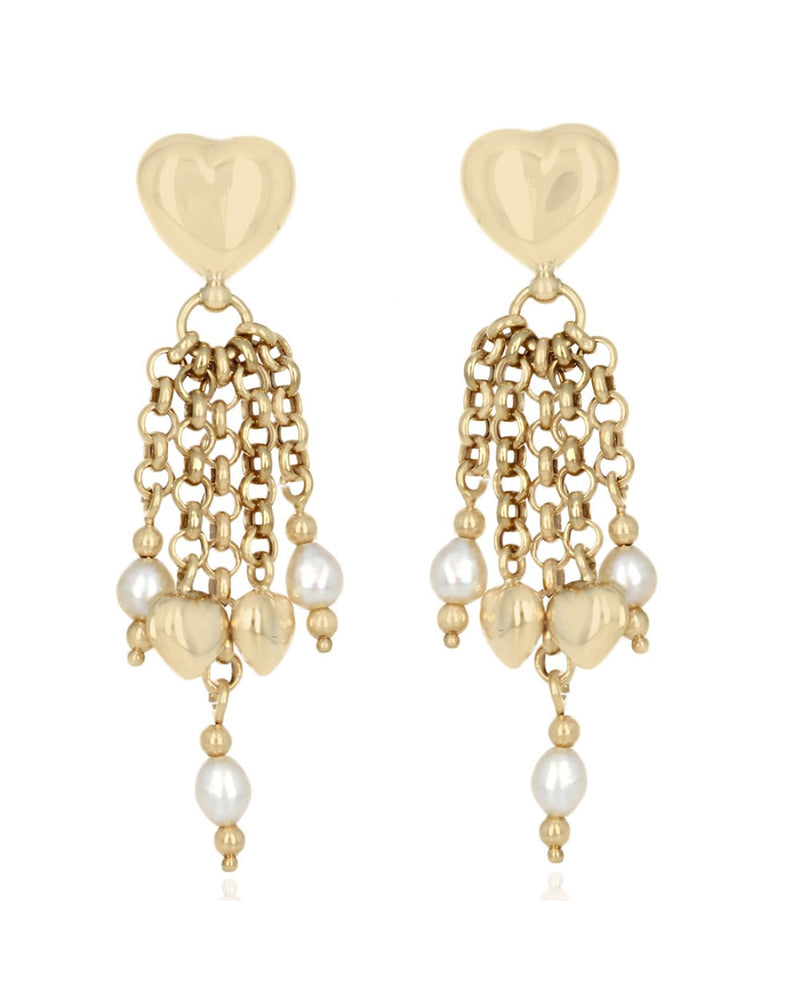 Pearl and Gold Heart Chain Dangle Earrings