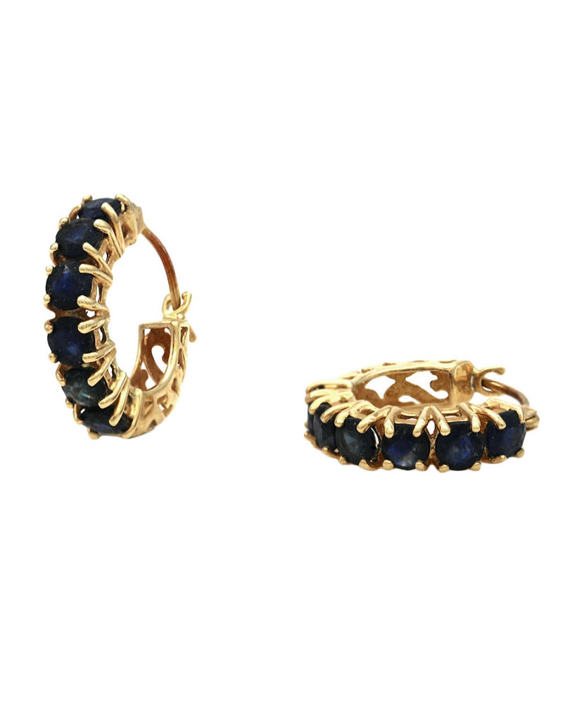 Blue Sapphire Small Hoop Earrings in Yellow Gold