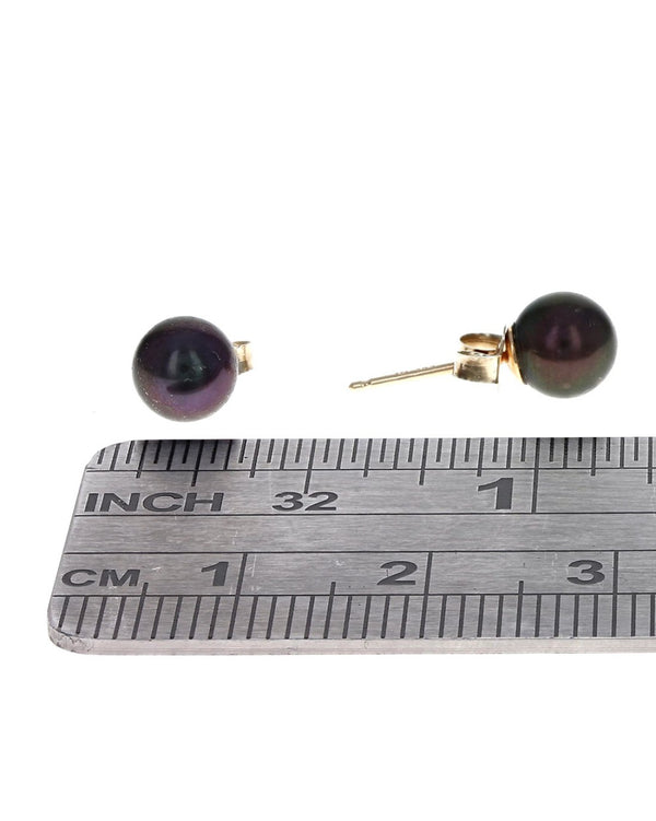 Black Pearl Stud Earrings in Yellow Gold