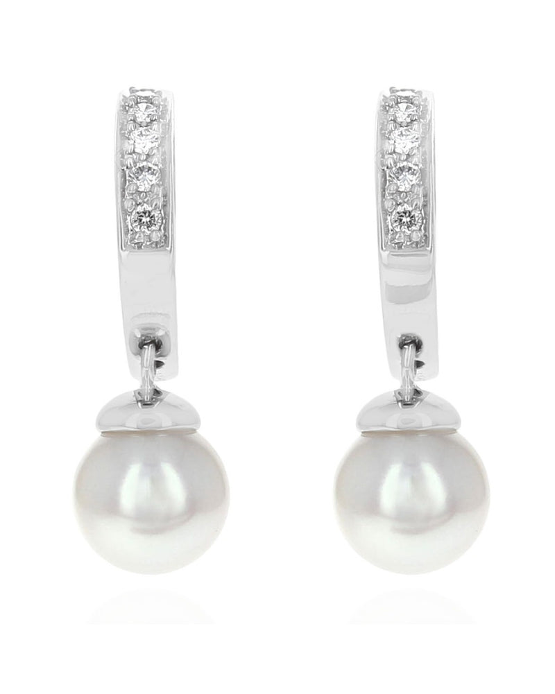 Diamond and Pearl Drop Half Hoop Earrings in White Gold