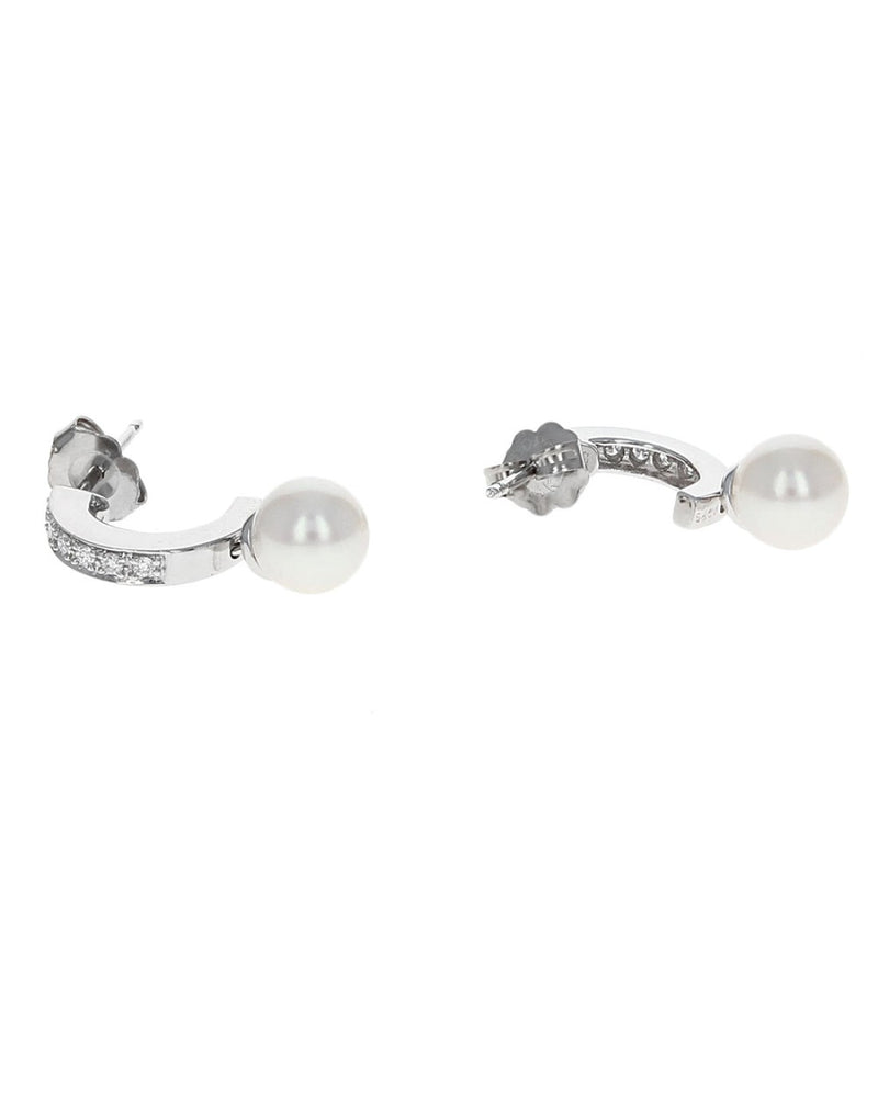 Diamond and Pearl Drop Half Hoop Earrings in White Gold