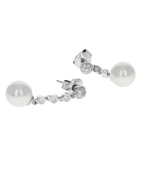 Pearl and Diamond Station Dangle Earrings in White Gold