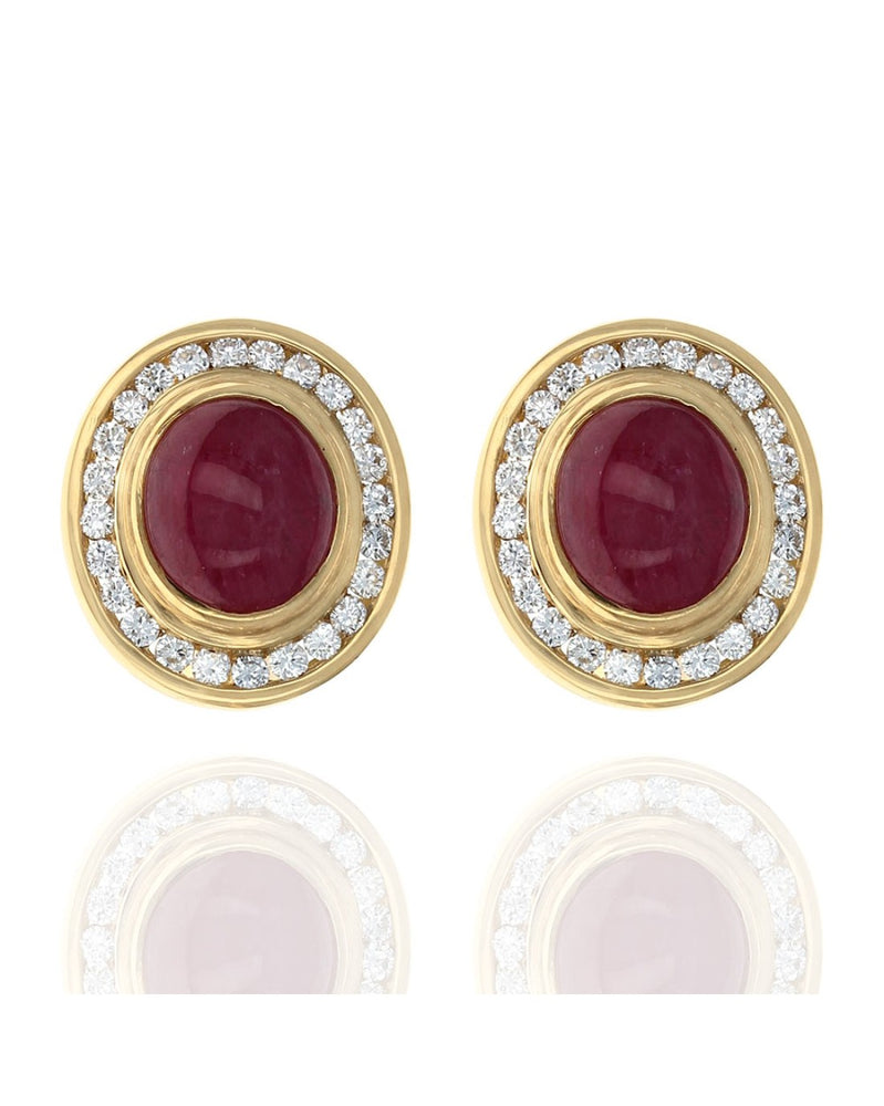 Star Ruby and Diamond Halo Oval Earrings