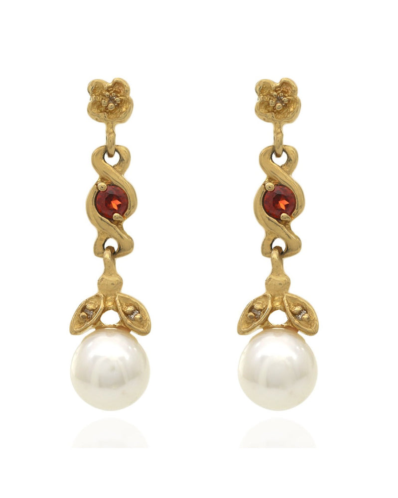 Pearl, Garnet, and Diamond Dangle Earrings in Yellow Gold