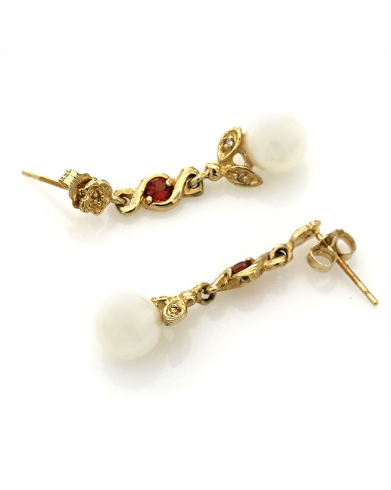 Pearl, Garnet, and Diamond Dangle Earrings in Yellow Gold