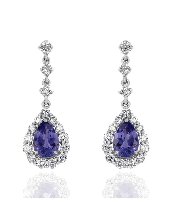 Pear Shaped Tanzanite and Diamond Halo Dangle Earrings