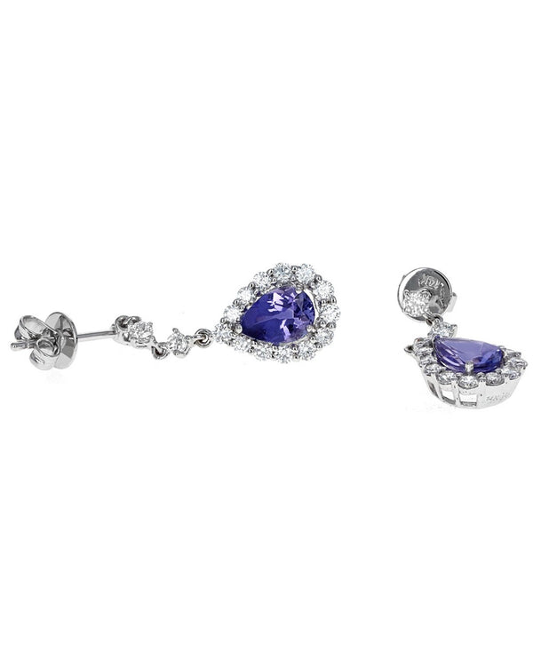 Pear Shaped Tanzanite and Diamond Halo Dangle Earrings