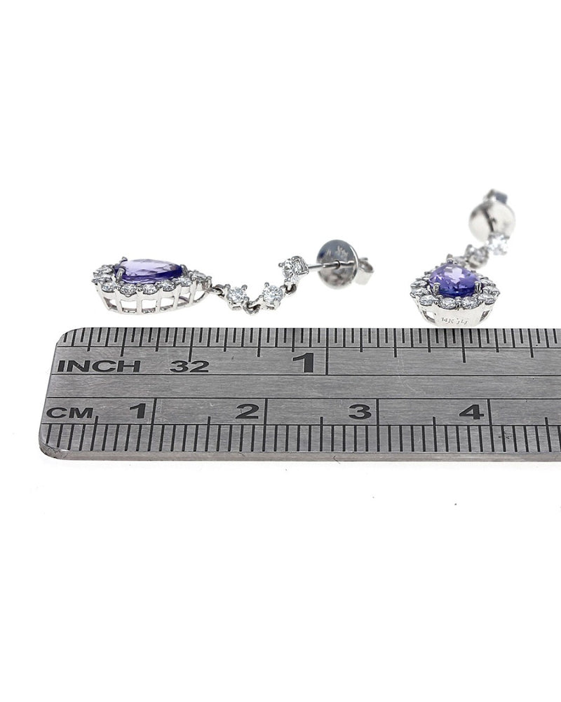 Pear Shaped Tanzanite and Diamond Halo Dangle Earrings