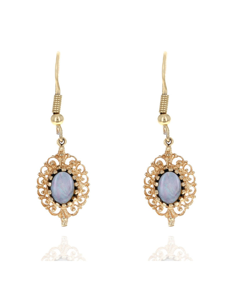 Opal Cabochon and Black Onyx Halo Dangle Earrings in Yellow Gold