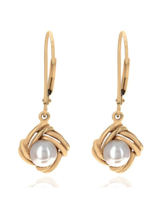 Pearl Knot Drop Earrings in Yellow Gold