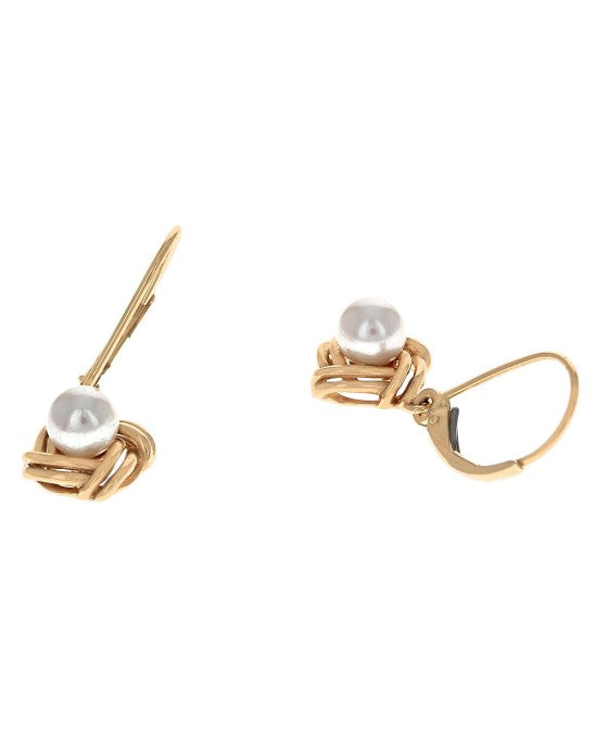 Pearl Knot Drop Earrings in Yellow Gold