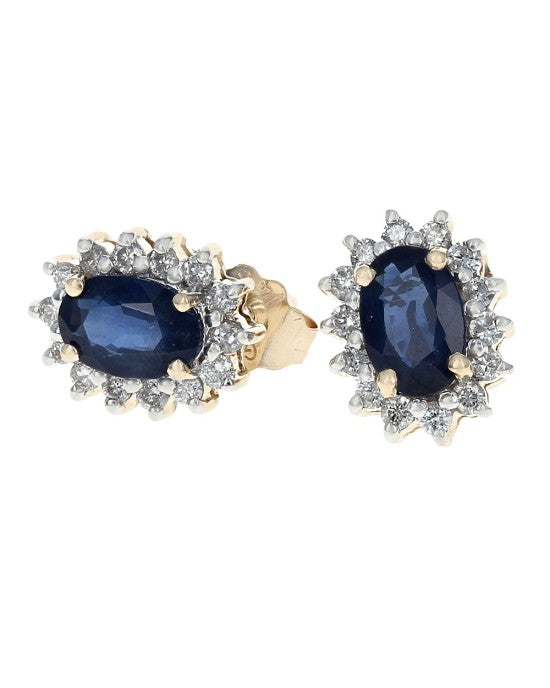 Blue Sapphire and Diamond Halo Stud Earrings in White and Yellow Gold