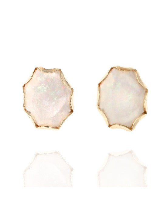 Oval Australian White Opal Stud Earrings in Yellow Gold