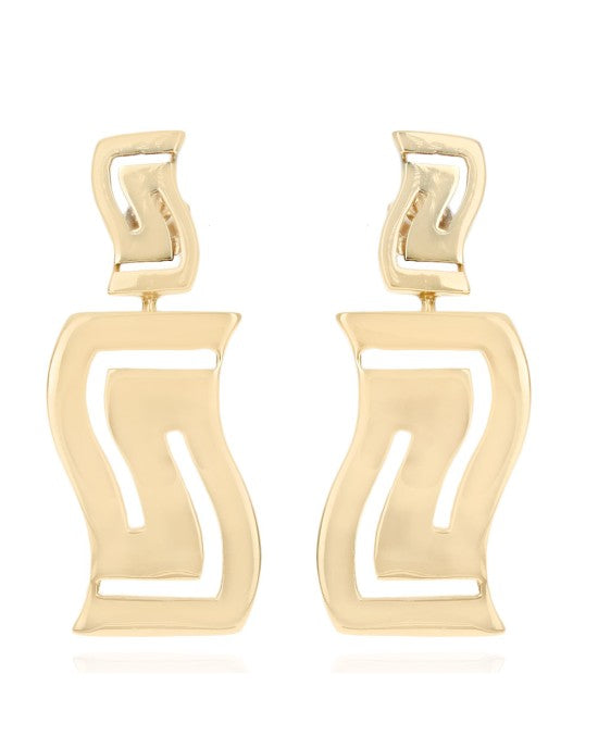 Open Cut Wavy Rectangle Dangle Earrings in Yellow Gold