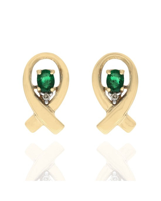 Emerald and Diamond Ribbon Stud Earrings in Yellow Gold