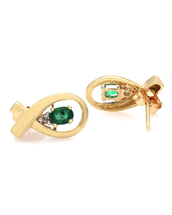 Emerald and Diamond Ribbon Stud Earrings in Yellow Gold