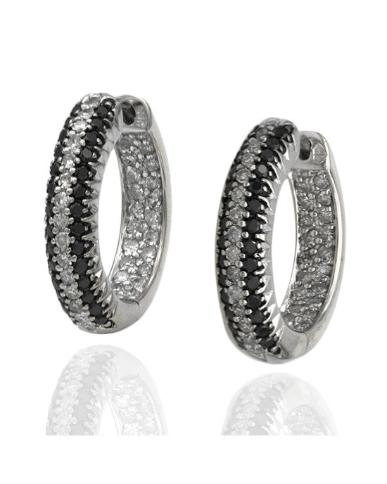 Pave Black and White Diamond Small Hoops in White Gold