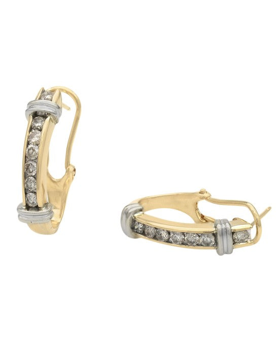 Diamond Fluted Accent 'J' Hoop Earrings in White and Yellow Gold