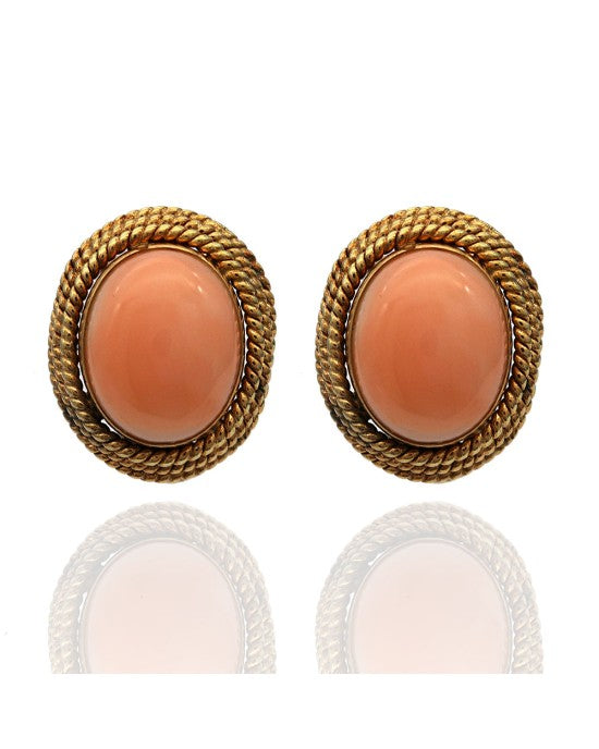 Pink Coral Rope Accent Button Earrings in Yellow Gold