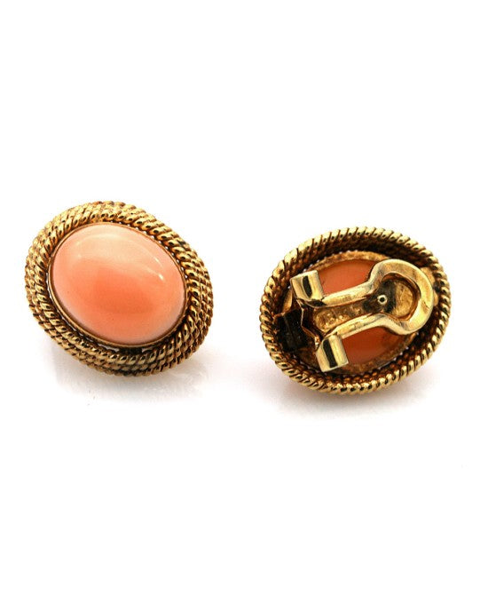 Pink Coral Rope Accent Button Earrings in Yellow Gold