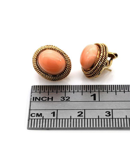 Pink Coral Rope Accent Button Earrings in Yellow Gold