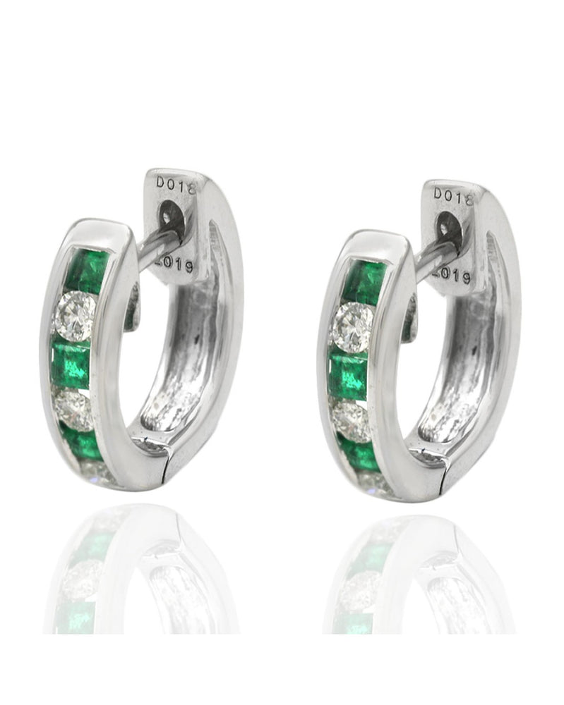 Alternating Emerald and Diamond Mini Hoop Earrings in White Gold