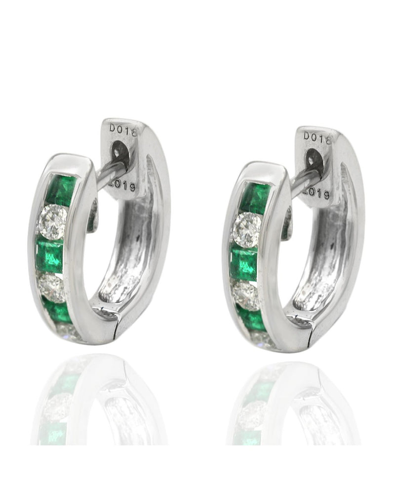 Alternating Emerald and Diamond Mini Hoop Earrings in White Gold