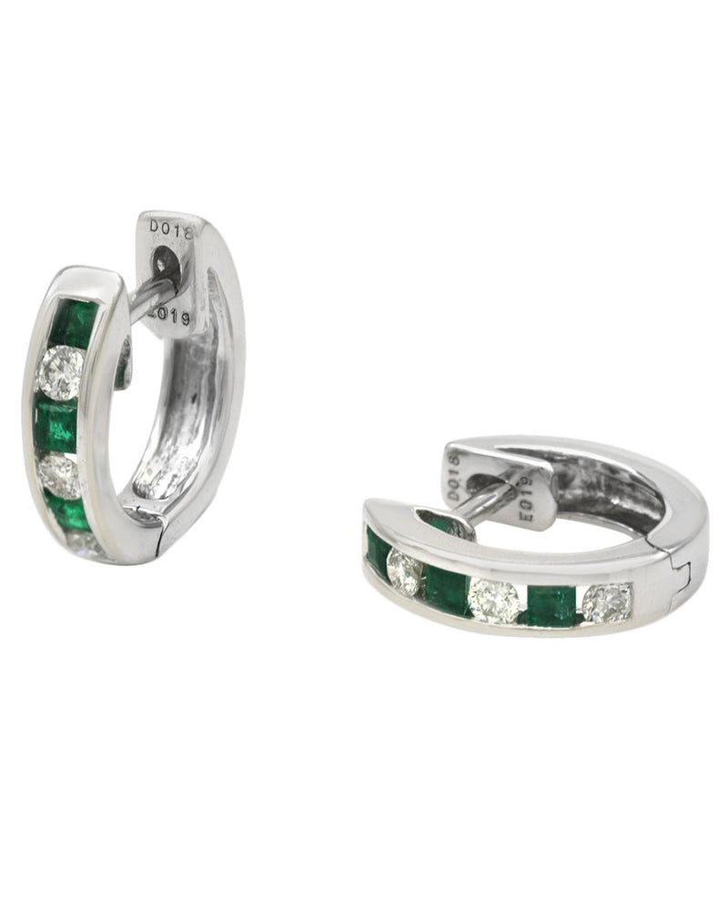 Alternating Emerald and Diamond Mini Hoop Earrings in White Gold