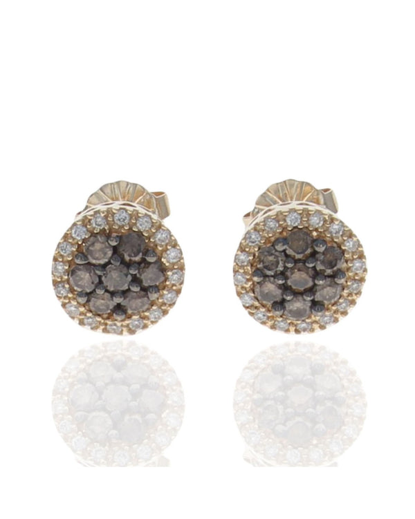 Chocolate and Vanilla Diamond Halo Stud Earrings in Yellow Gold