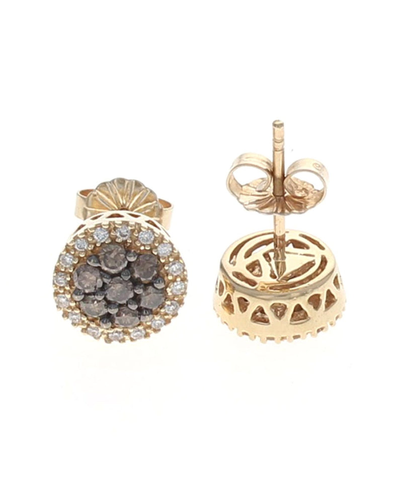 Chocolate and Vanilla Diamond Halo Stud Earrings in Yellow Gold