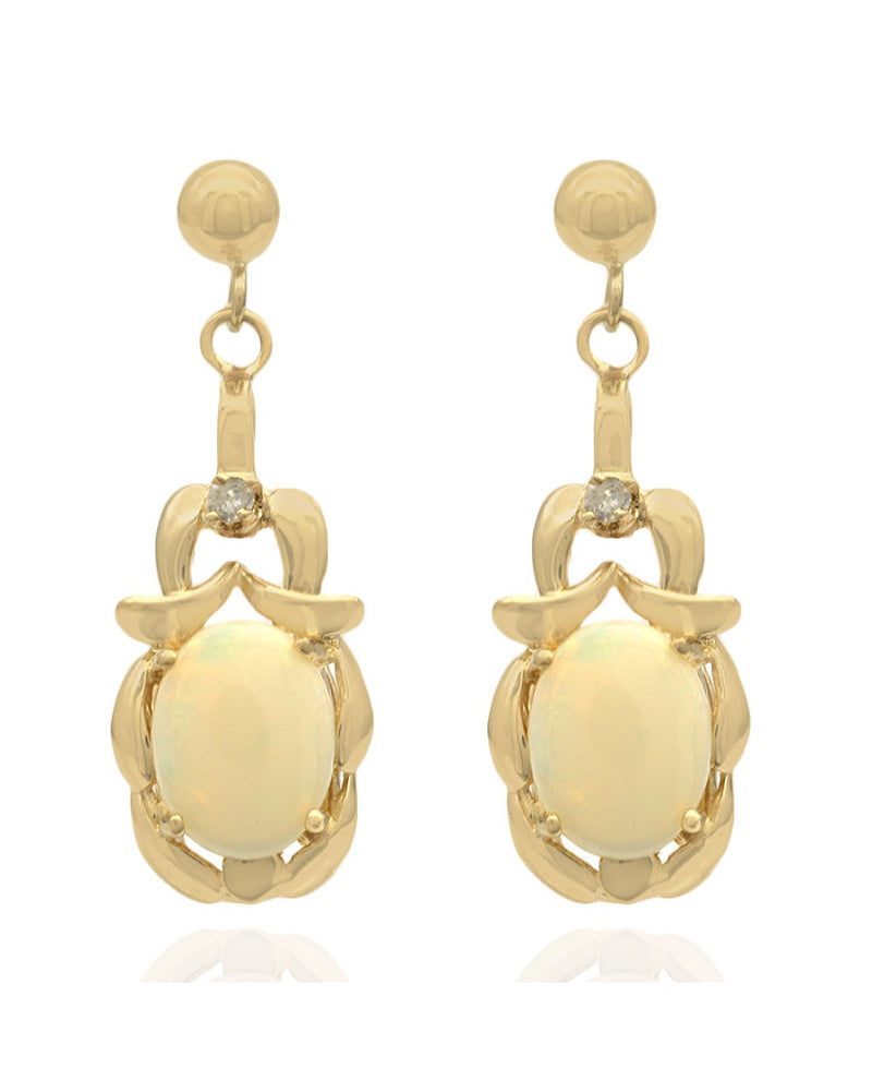 14Ky White Opal and Diamond Dangle Earrings in Yellow Gold