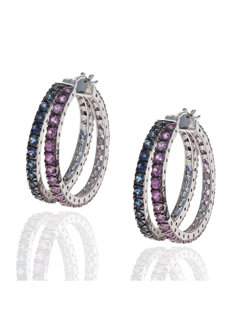 2 Row Blue and Pink Sapphire Split Hoop Earrings