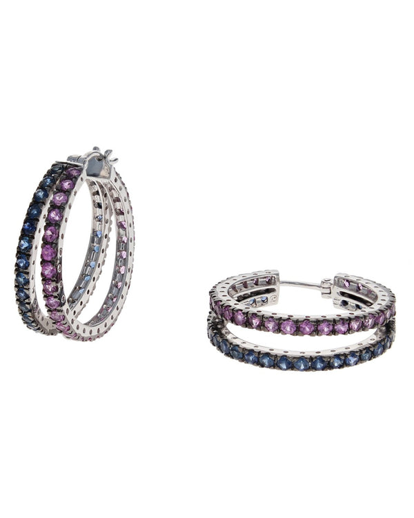 2 Row Blue and Pink Sapphire Split Hoop Earrings