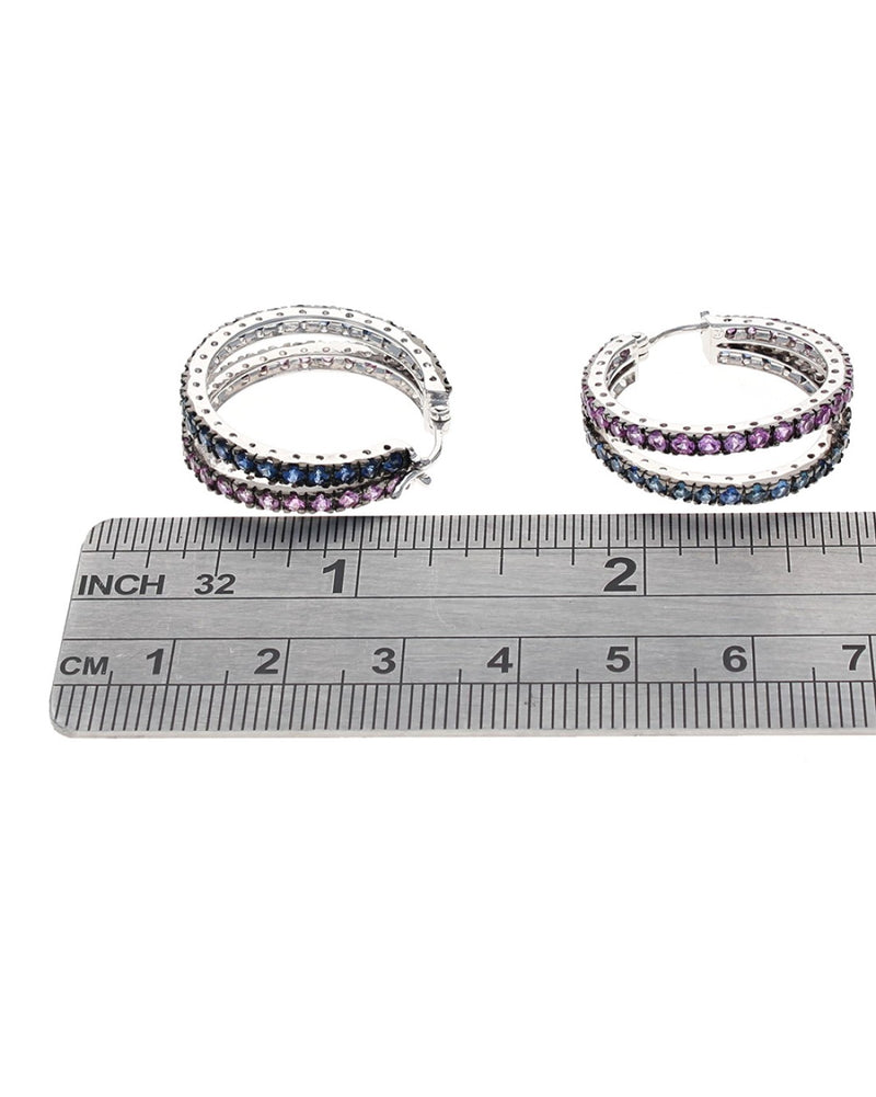 2 Row Blue and Pink Sapphire Split Hoop Earrings