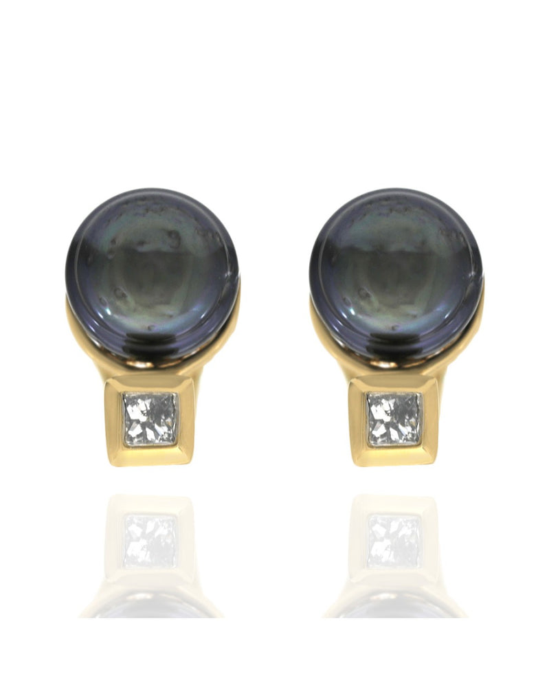 Ringed Black Tahitian Pearl and Diamond Earrings in Yellow Gold