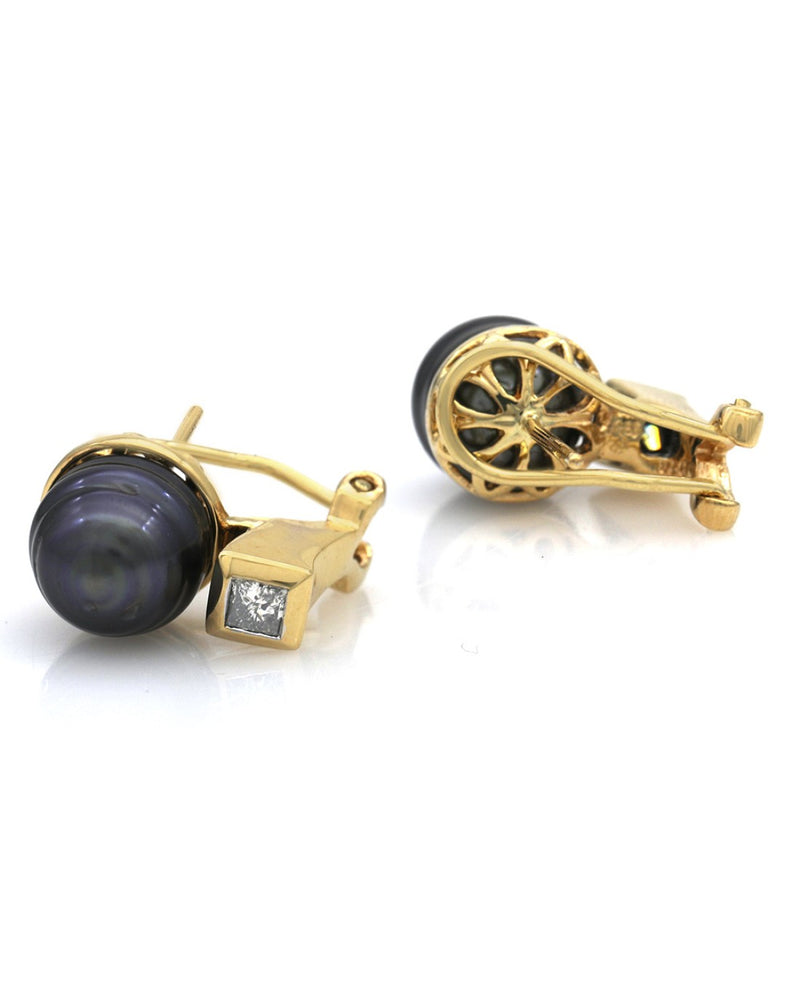 Ringed Black Tahitian Pearl and Diamond Earrings in Yellow Gold