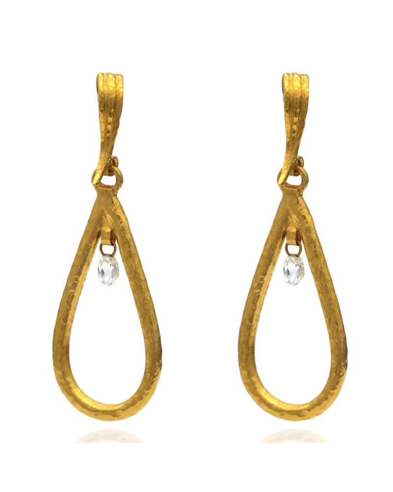 Hammered Swinging Diamond Open Teardrop Dangle Earrings in Yellow Gold