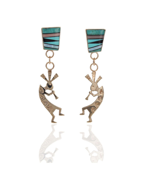 Mixed Gemstone Inlay Kokopelli Dangle Earrings