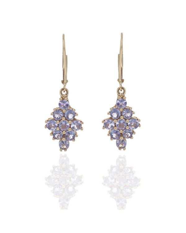 Tanzanite Diamond Shaped Cluster Dangle Earrings in Yellow Gold