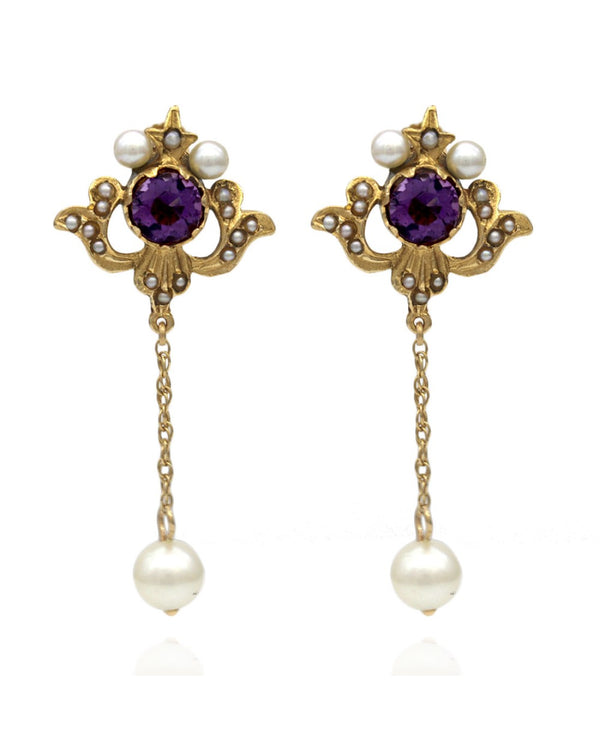 Vintage Amethyst and Pearl Dangle Earrings