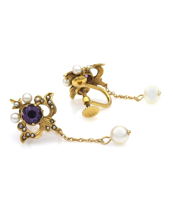 Vintage Amethyst and Pearl Dangle Earrings