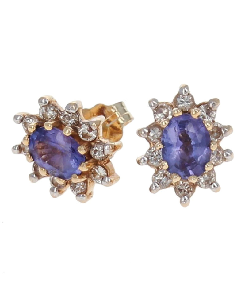 Blue Tanzanite and Diamond Halo Stud Earrings in Yellow Gold