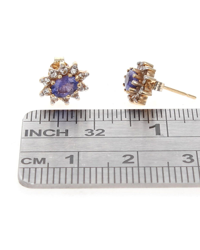 Blue Tanzanite and Diamond Halo Stud Earrings in Yellow Gold