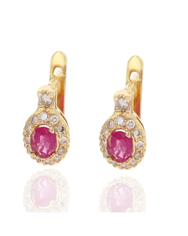 Ruby and Diamond Halo Earrings in Yellow Gold