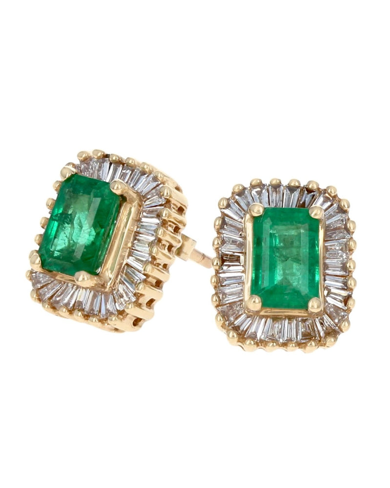 Emerald and Diamond Halo Stud Earrings in Yellow Gold