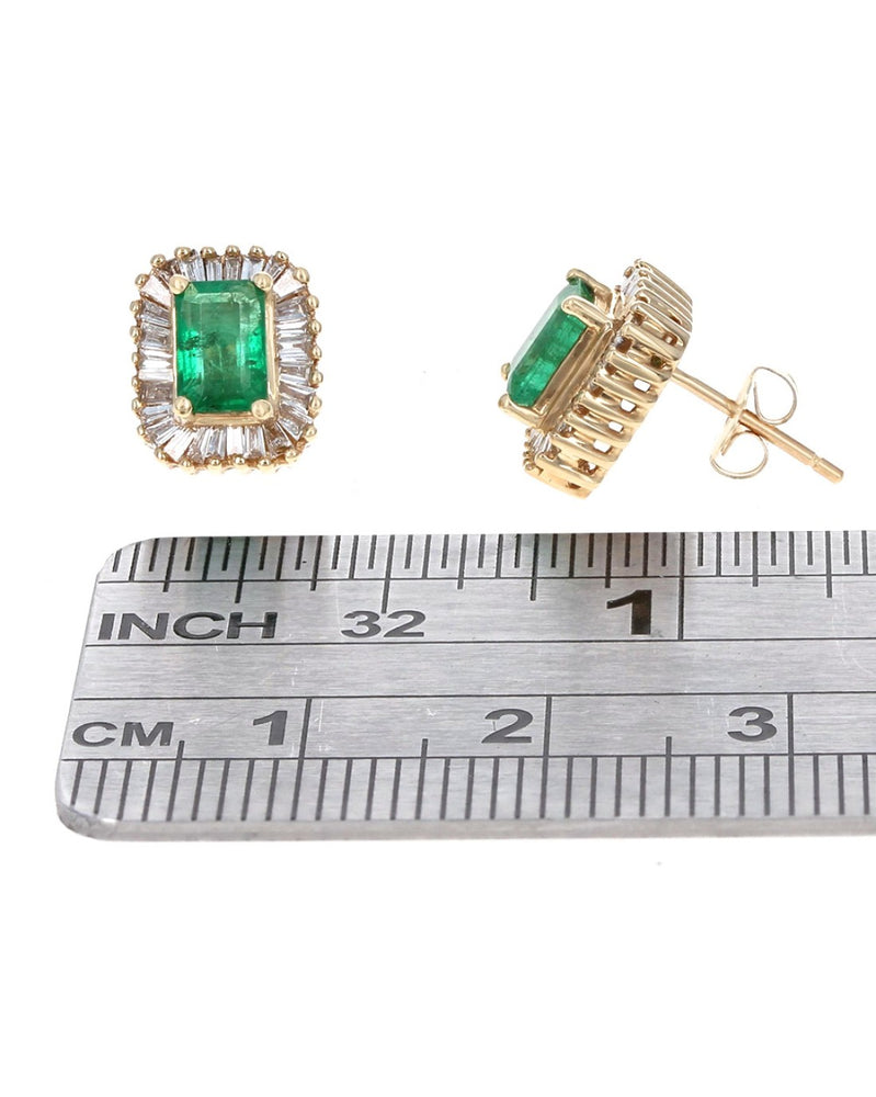 Emerald and Diamond Halo Stud Earrings in Yellow Gold