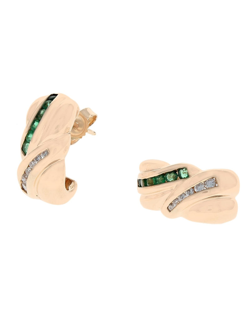 Emerald and Diamond Bypass Earrings in Yellow Gold